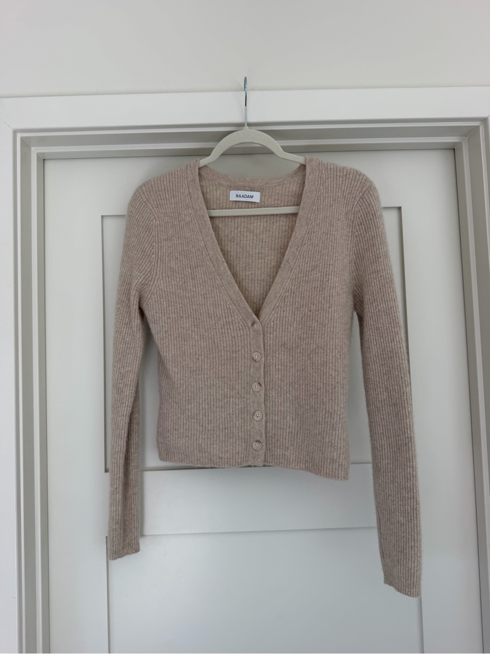 Adam Ribbed V-Neck Button Cardigan - Light Taupe